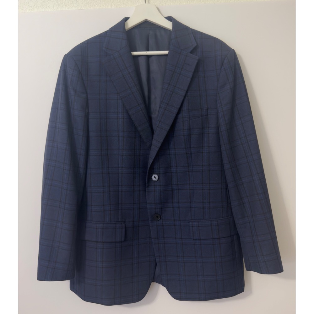 Calvin Klein Blazer Mens 42R Blue Plaid Slim Fit Two Button Sport Coat